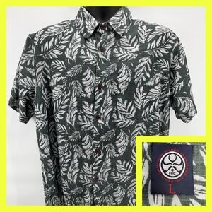 HIC Hawaiian Island Creations Mens L Shirt Green White Fern Leaf Tropical Surf